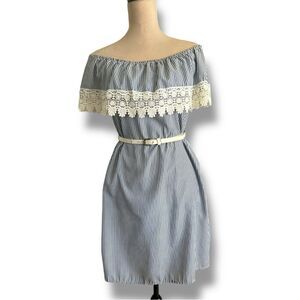 Urbanology Blue Striped Off-Shoulder Sundress with Lace Trim, Medium